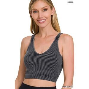 ROSLYN ASH BLACK WASHED RIBBED CROPPED SEAMLESS BRA PADDED TANK TOP